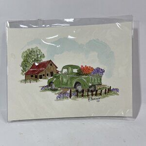 Original Watercolor By A. Surma 2021 Farmhouse Green Truck Barn Fresh Flowers